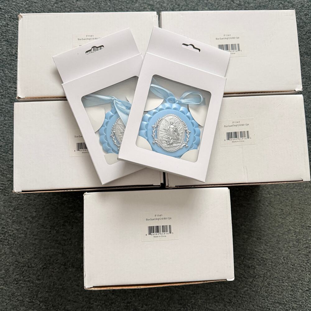 Large Wholesale Lot of 60 Pcs Baby Light Blue Guardian Angel Crib Ribbon Medals
